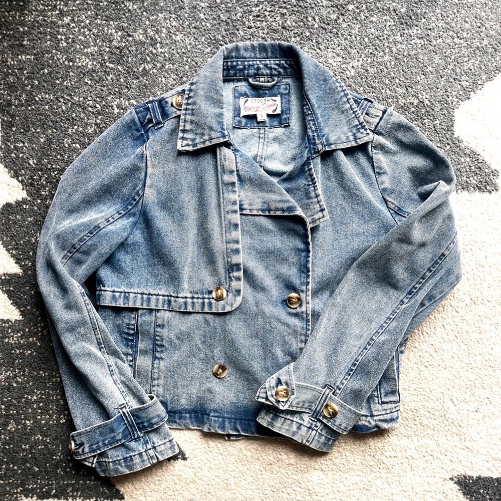 26 International STOOSH Vintage Denim crop trench or double breasted jacket - Picture 4 of 8